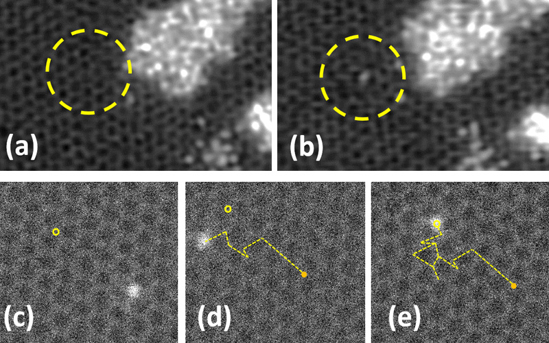 (a) and (b) show before and after images (filtered) of placing a single Si atom into a graphene lattice, by first creating a small hole and then sputtering Si into the defect, both by the microscope electron beam. (c)-(e): Controlled motion of a Si atom through a graphene lattice under the influence of the microscope electron beam. The yellow dot is the target location and the dotted line tracks the Si atom through time. (hi-res image)