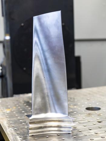 Contoured steam turbine blades require a very precise shape, with contoured curves that narrow toward the tip.