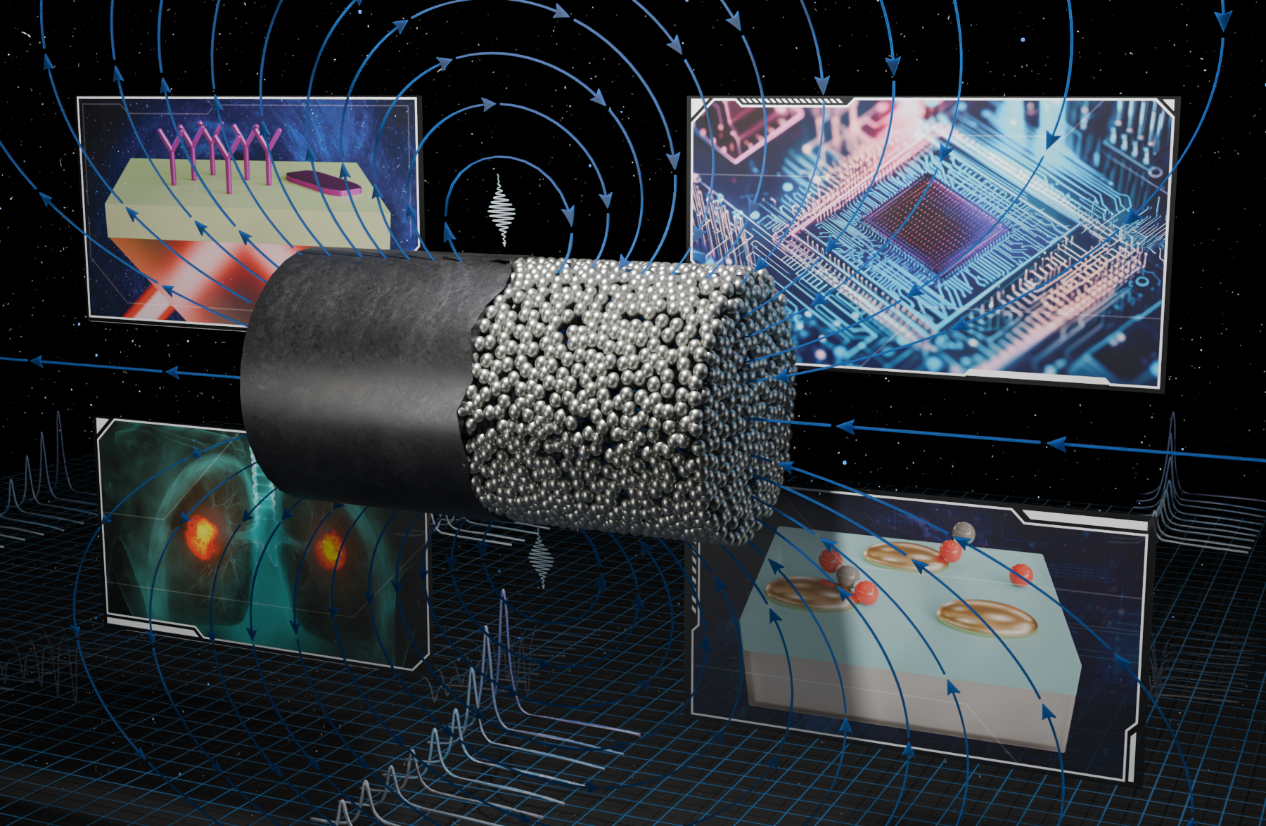 Illustration of a real-time simulation showing a metallic nanoparticle’s optical response to light using RT-TDDFT. The image depicts electron oscillations and surrounding electromagnetic fields. Four inset panels represent applications: plasmon-enhanced biosensing, quantum computing, photochemical catalysis, and cancer detection through photothermal therapy.