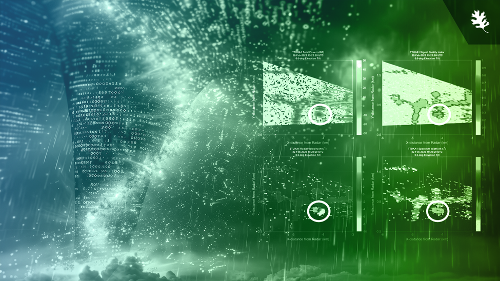 Image is blue and green with the background being a building on the left, merging into the photo on the right which are pictures of doppler radar graphics