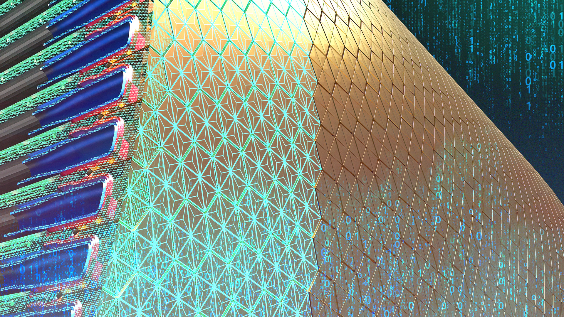 A digital representation of the surface of a plasma-facing divertor component and the underlying helium cooling system in a tokamak fusion device.