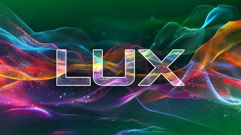 Illustration of LUX logo. Background is dark green with waves of rainbow individual color spread across the logo with LUX