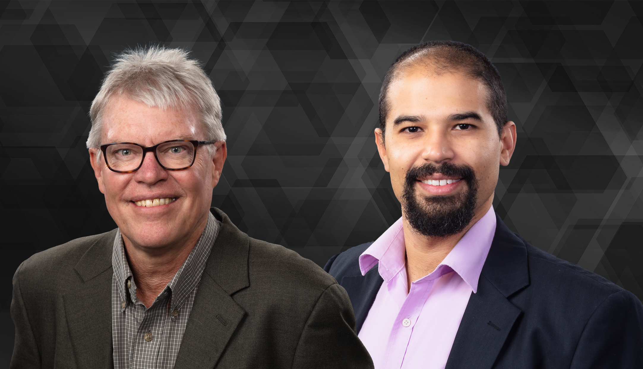 ORNL researchers Tom Beck and Daniel Claudino are pictured here in a graphic with grey background