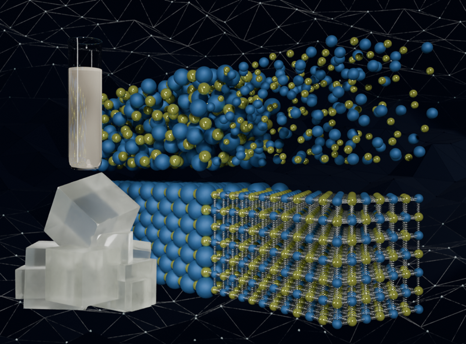 Illustration of melting point of lithium chloride, which is shown with green and blue structures in two rows.