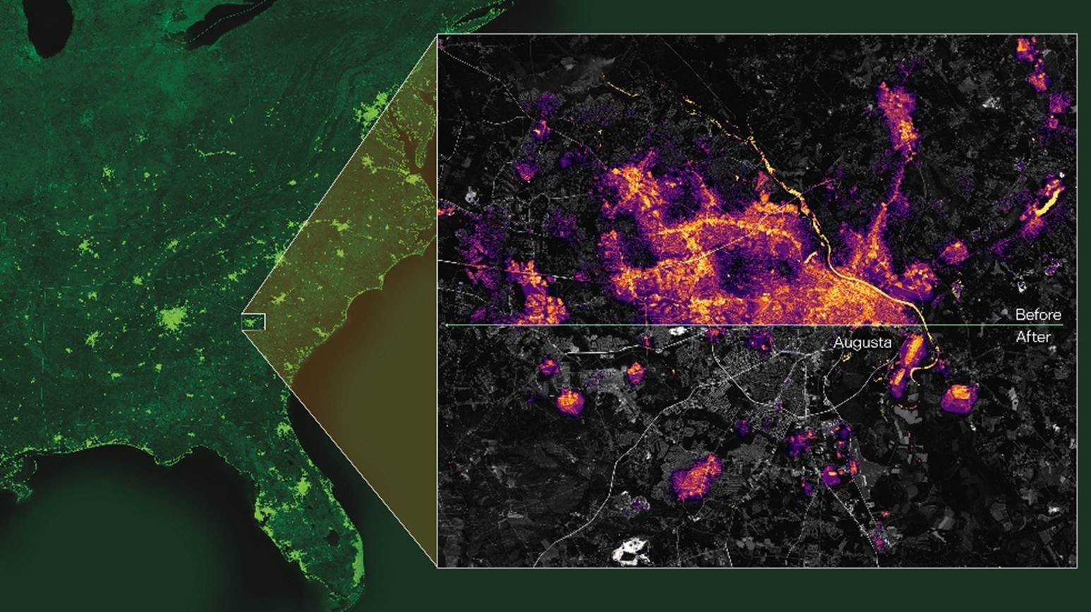 Illustration of the RE-INTEGRATE grid modeling tool that has a close up image of what the grid looks like before and after a blackout in the grid over Augusta, Georgia
