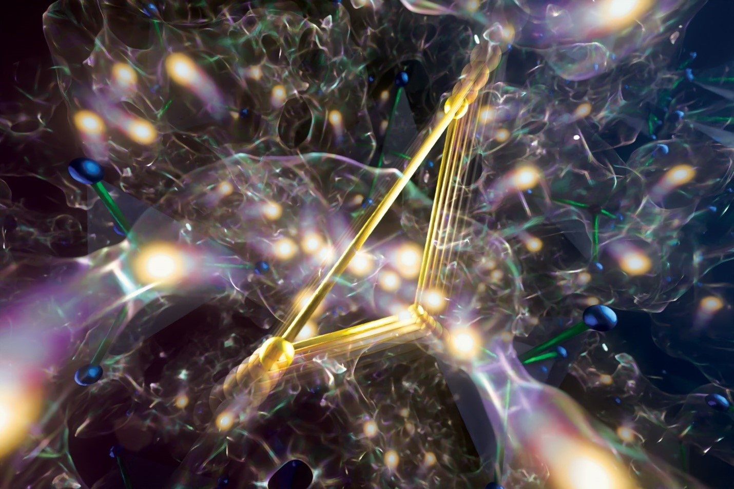 Photo is a graphical representation of lithium ions (glowing orbs) move through a diffusion gate (gold triangle) in a solid-state electrolyte