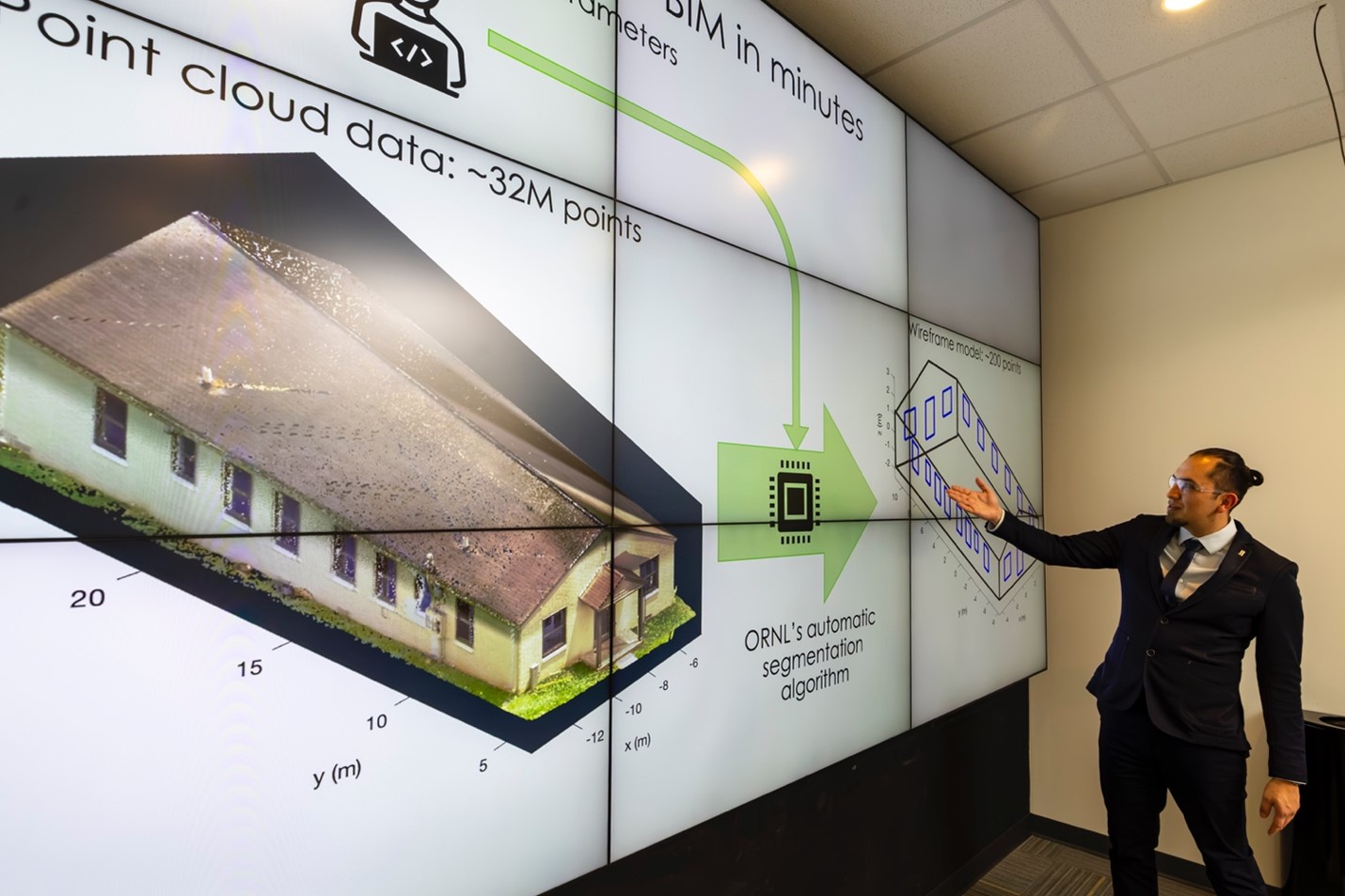 Maldonado shows how ORNL-developed algorithms created a digital twin of a building that enabled the design of exterior wall panels to improve the energy efficiency of a Knoxville, Tennessee housing development.