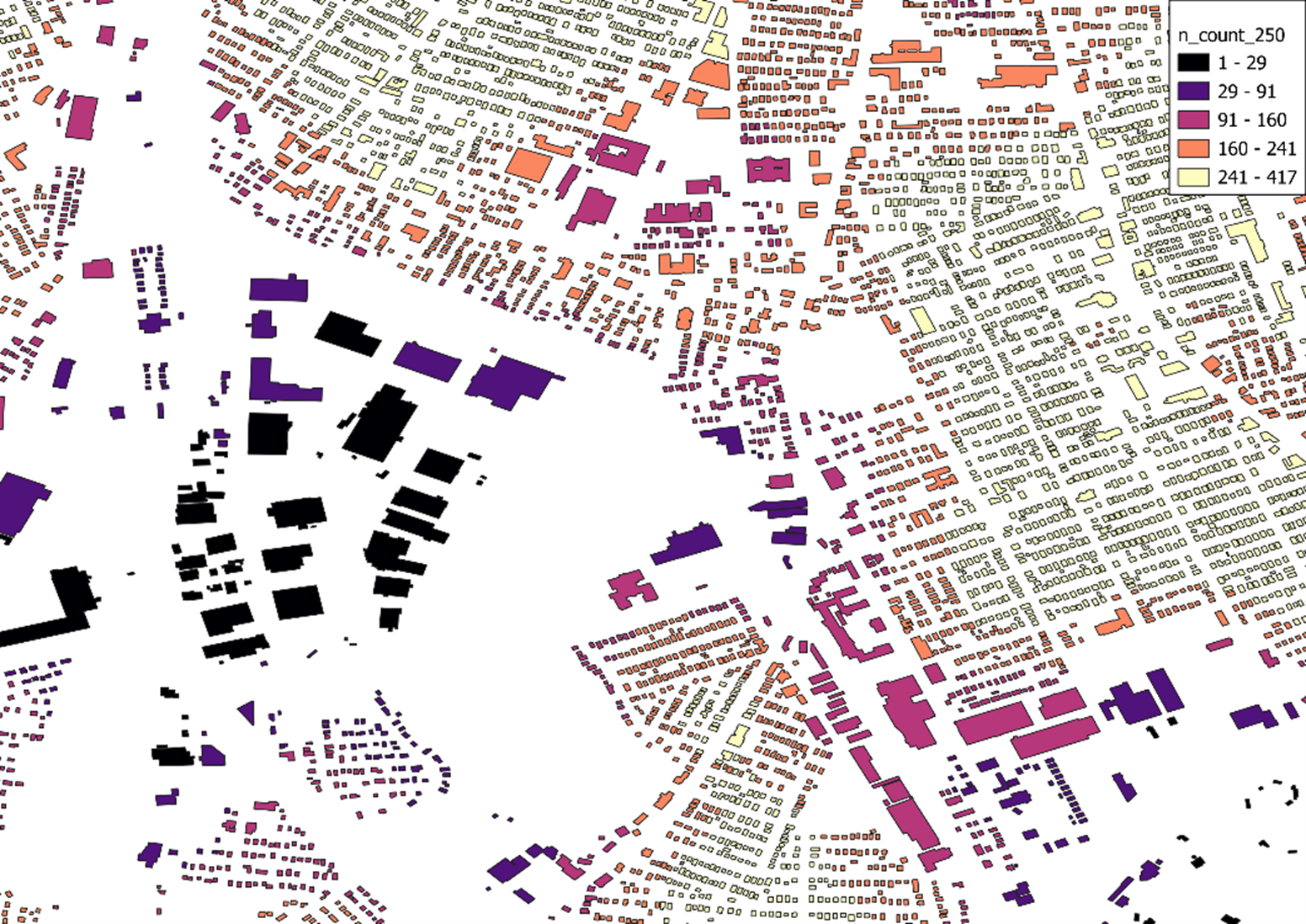 Pictured is a map that is color-coded into purple, black, orange, pink and yellow to depict building density and color based on morphology to predict height