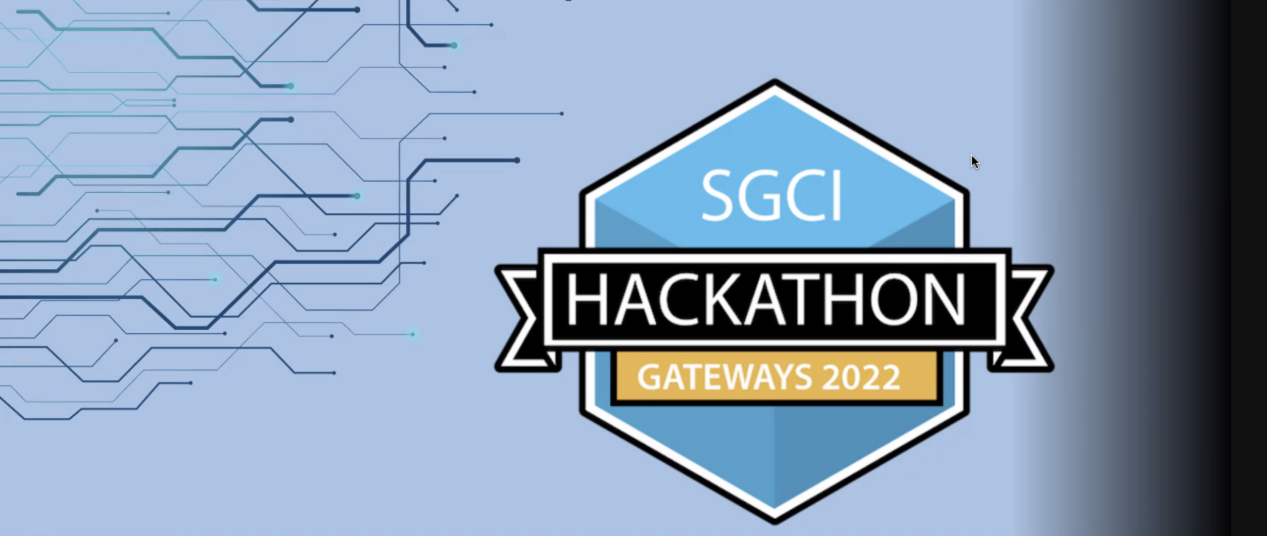 Logo of the SGCI Hackathon. It is a blue hexagon with white writing and a black banner across it that spells out the hackathon