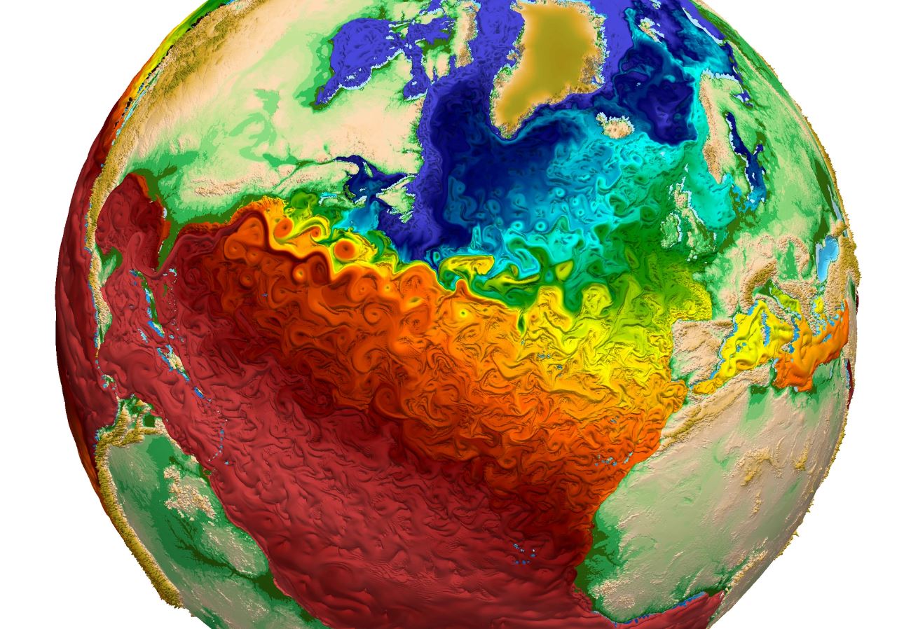 The illustration depicts ocean surface currents simulated by MPAS-Ocean. Credit: Los Alamos National Laboratory, E3SM, U.S. Dept. of Energy