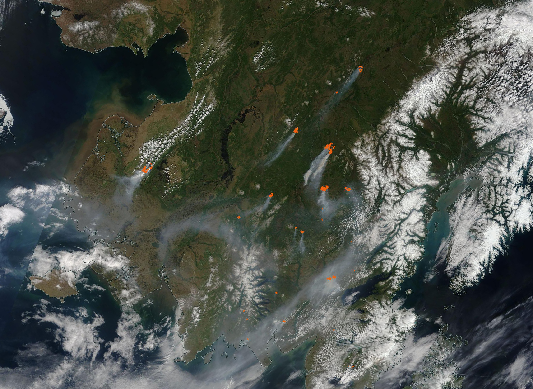 A NASA satellite image from June 8, 2022, reflects smoke and red “hot spots” of wildfire resulting from more than a dozen active fires in southwest Alaska, as the largest tundra fire on record at the time burned hundreds of thousands of acres in the Yukon Delta. Source: NASA MODIS
