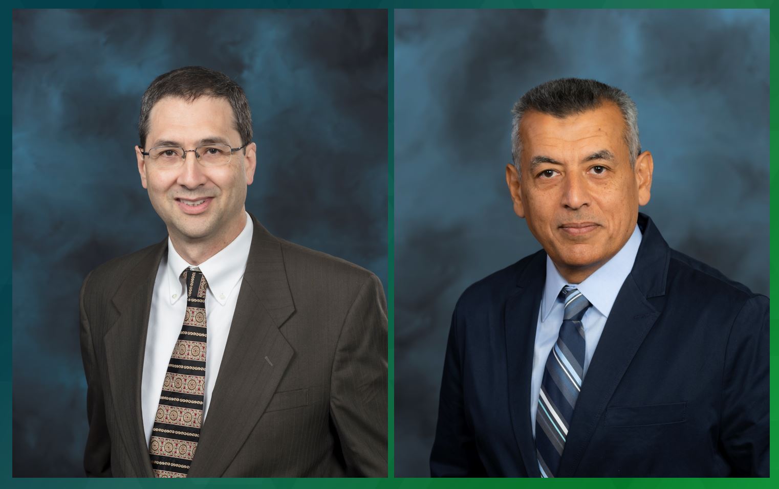 Arnold Lumsdaine, left, and Walid Metwally, right, are in suits posing for a picture in two separate photos