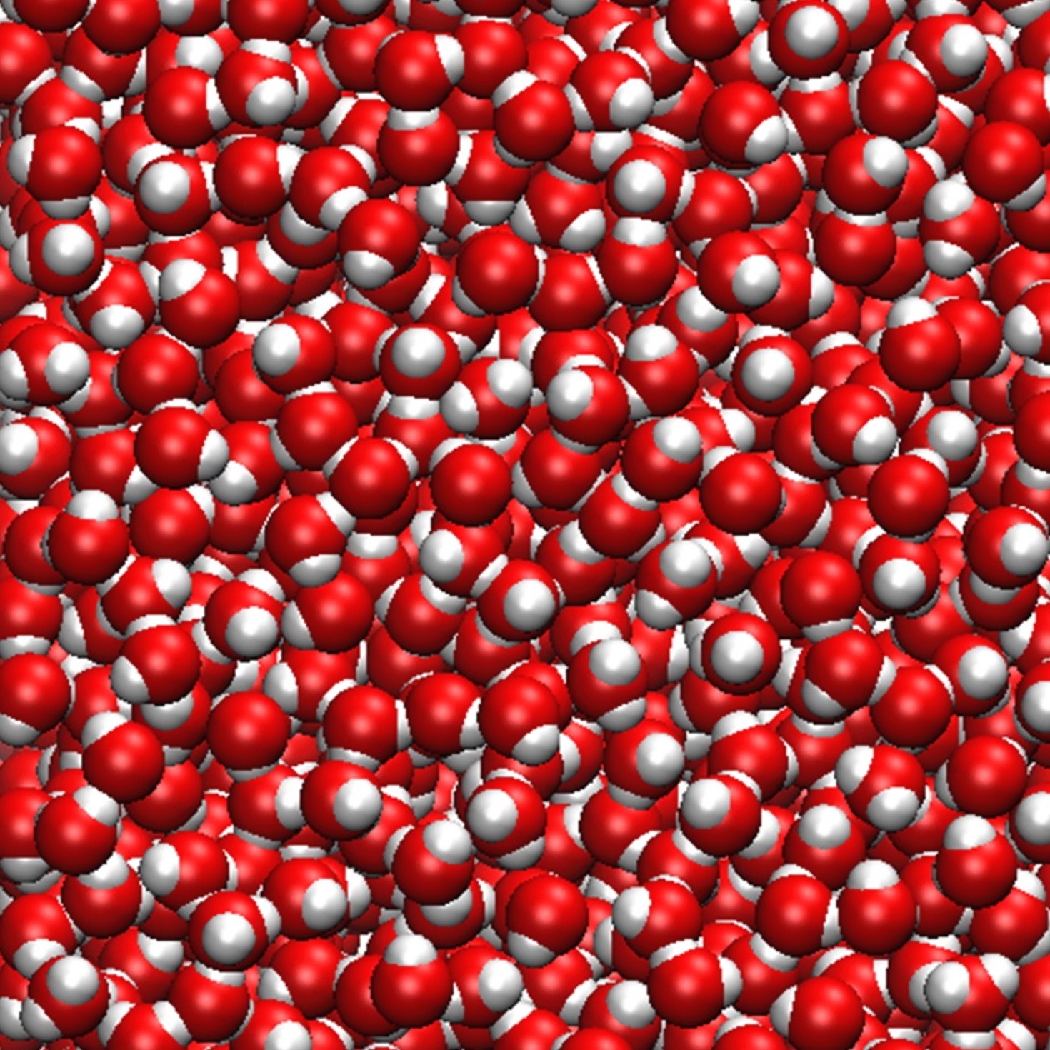 Molecular simulation of water showing densely packed Hâ‚‚O molecules, with red spheres representing oxygen atoms and white spheres representing hydrogen atoms.