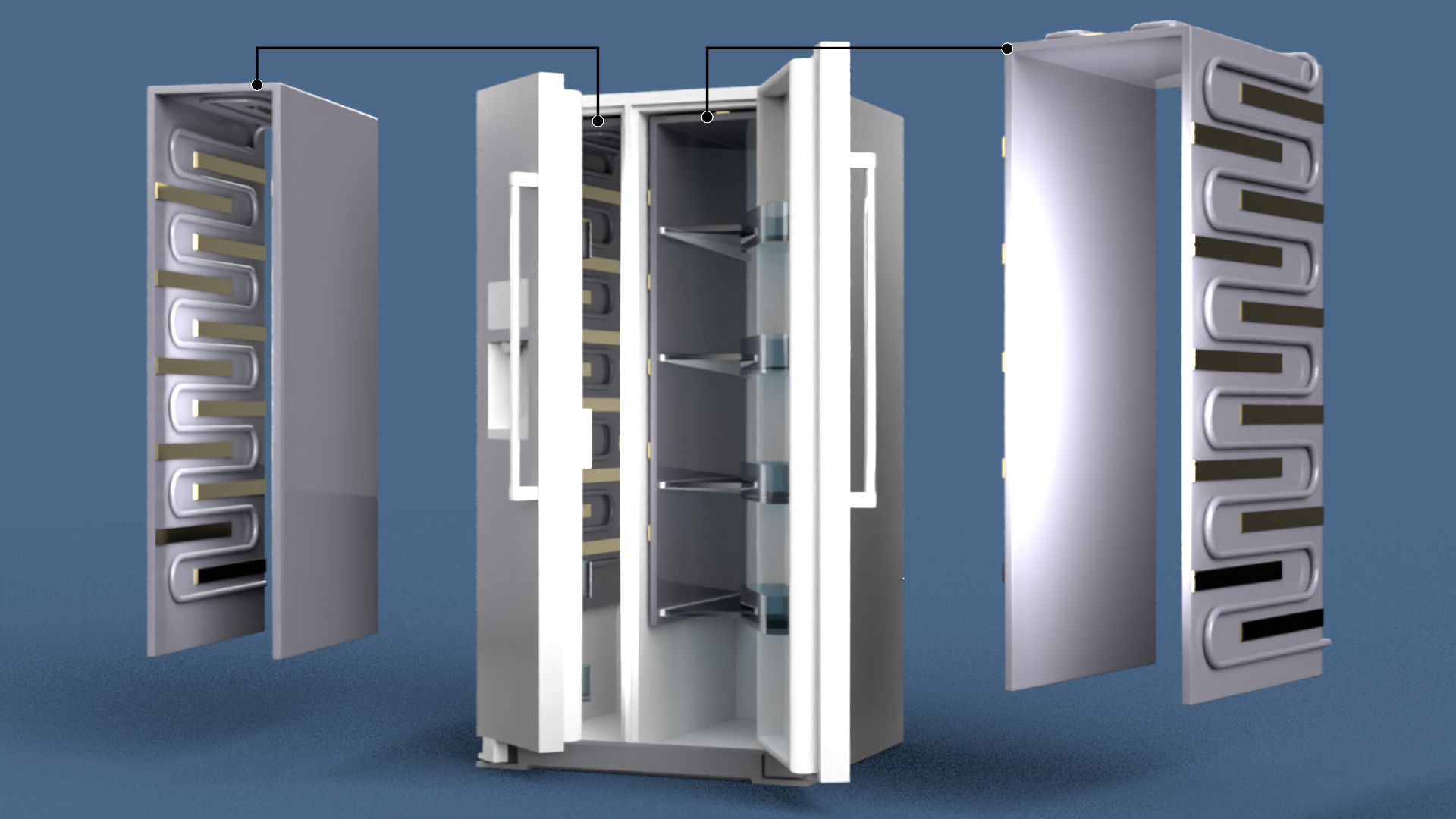 Blue background with three rectangles. The first and third silver rectangles are showing the inside metal part of a fridge with small alternating horizontal rectangles going down the side in darker grey/silver.