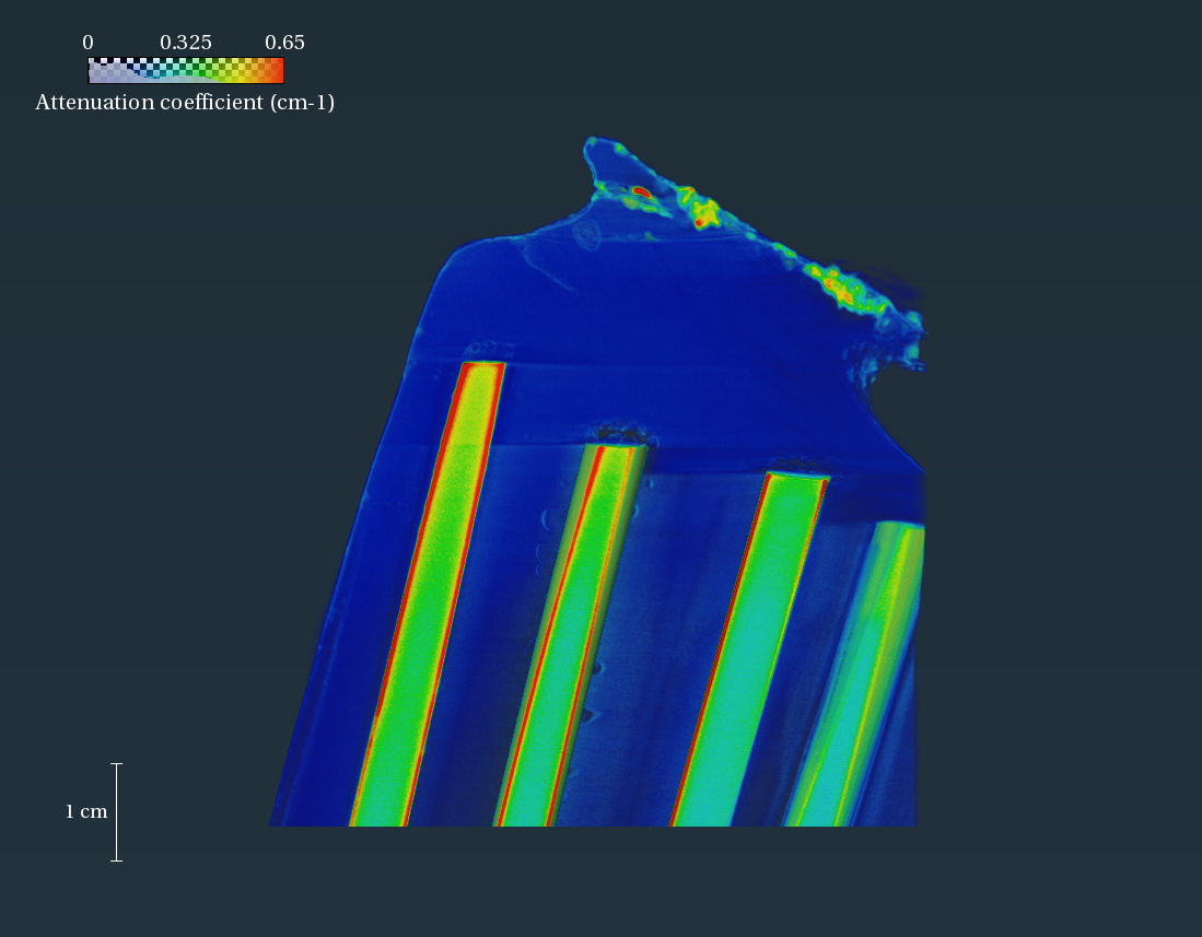 A virtual slice of a cable socket from the neutron imaging study shows arrows indicating voids around the wires caused by cable slippage. Credit: Adrian Brügger, Columbia University