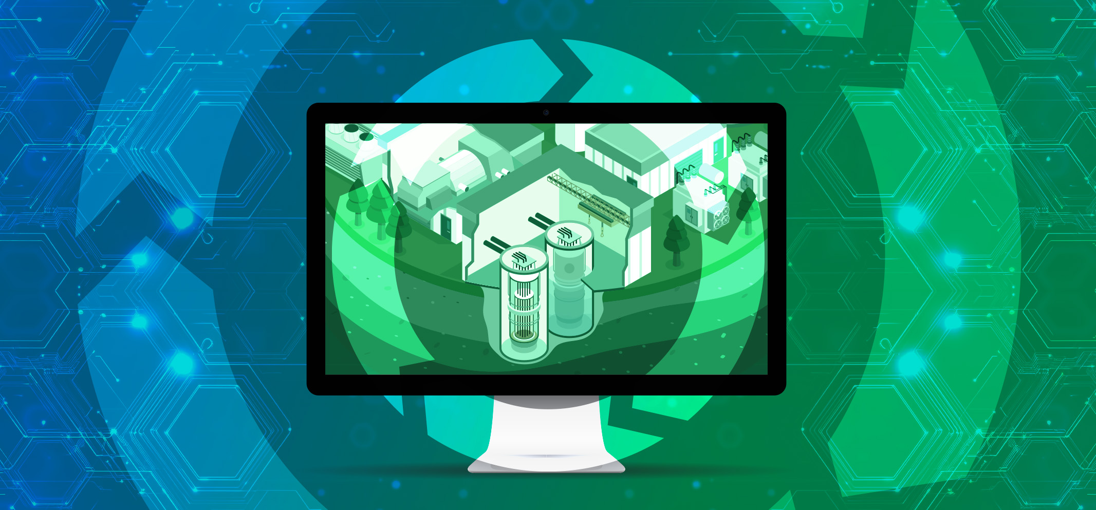 Illustration of a computer monitor displaying a green-toned digital twin of an industrial facility or reactor complex, with tanks, buildings, and trees, set against a blue-green background of abstract circuit patterns representing data and connectivity.