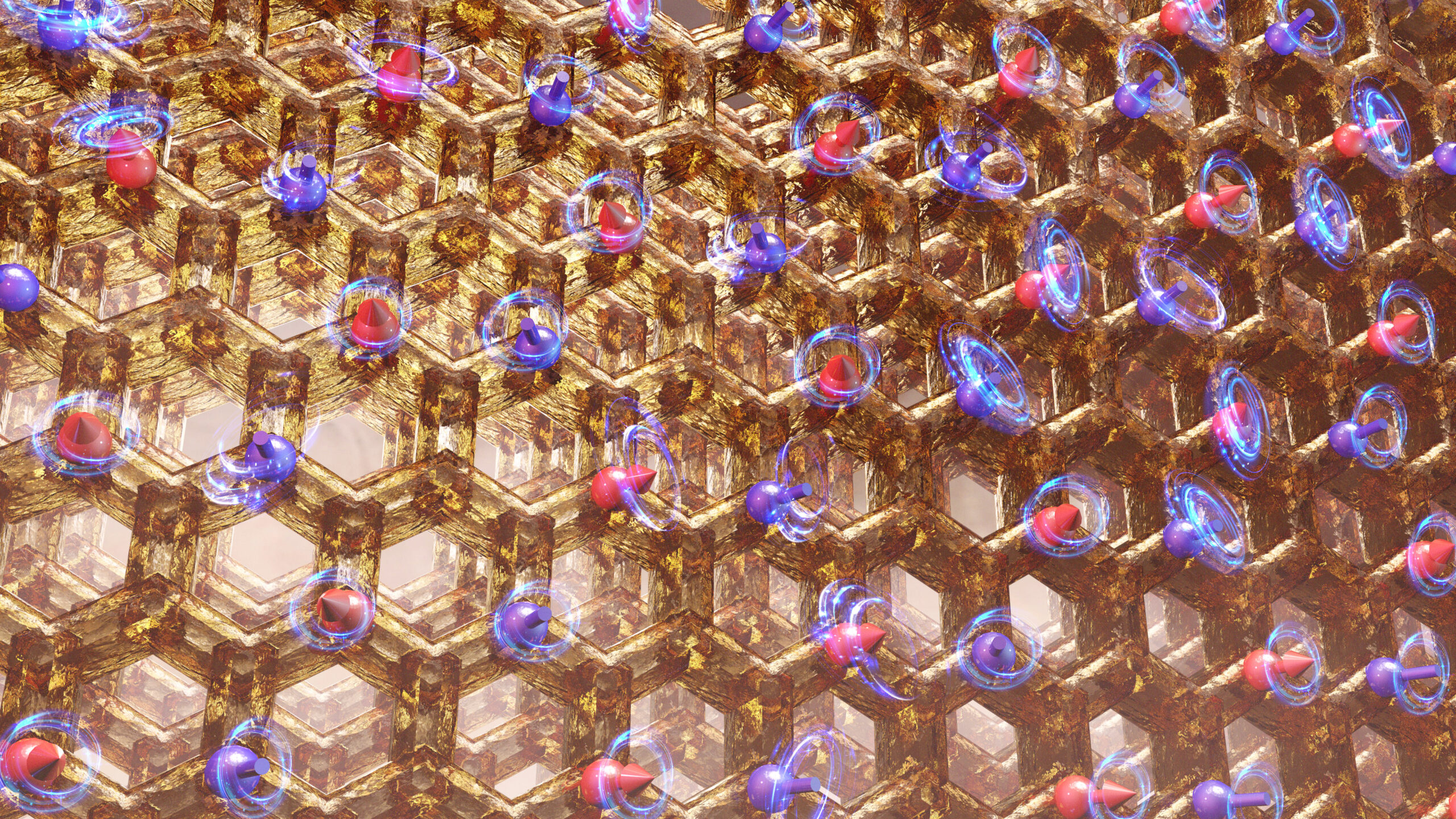 A honeycomb lattice material shows an arrangement of cobalt atoms, with arrows up (red) and down (blue) representing their magnetic moments, or spins.