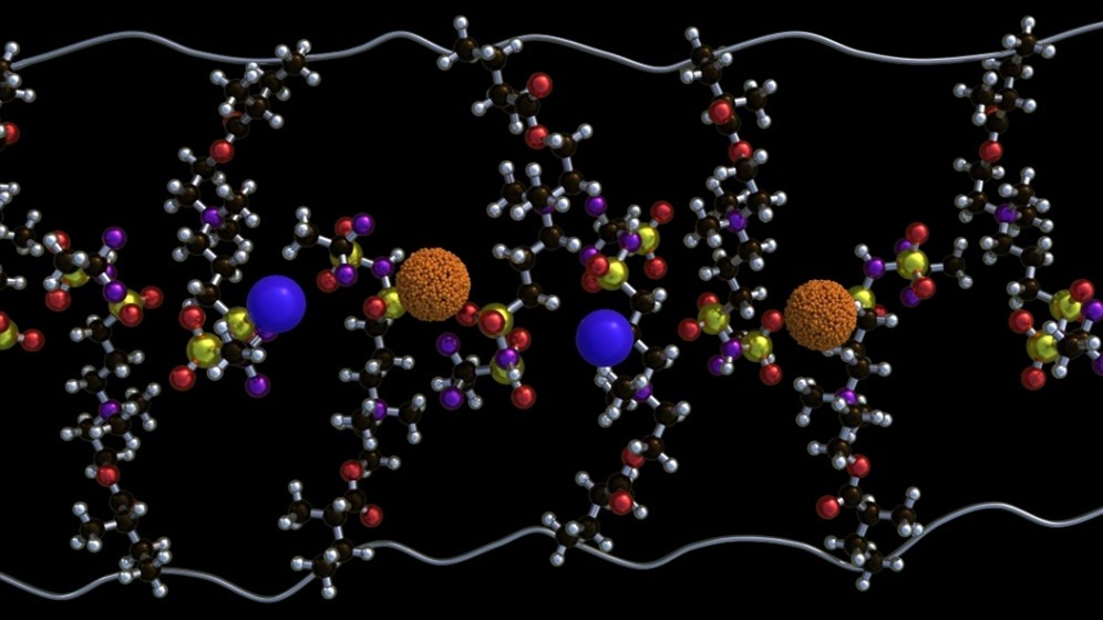 3D rendering of a polymer chain with embedded ions on a black background.