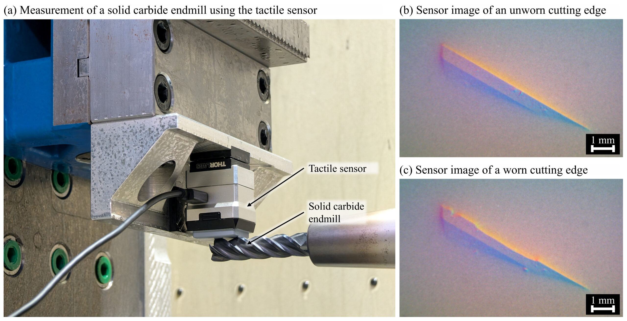 Tactile sensor measuring an endmill, with sharp vs worn edge comparison.