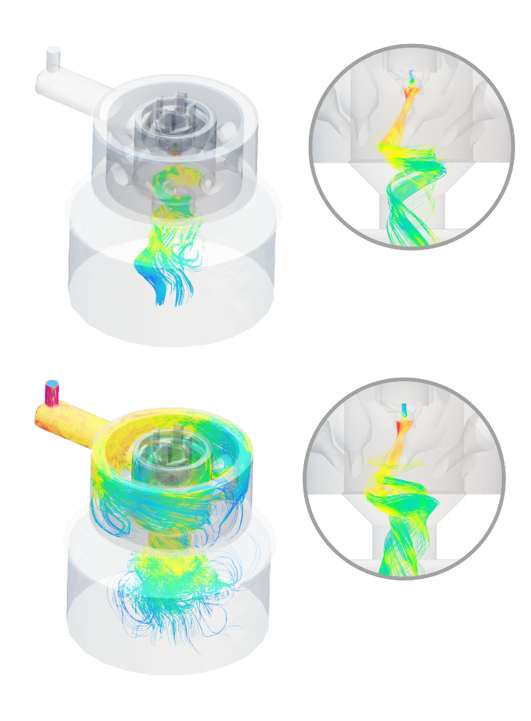 Model of tornado-like spinning air within the high shear drying system.