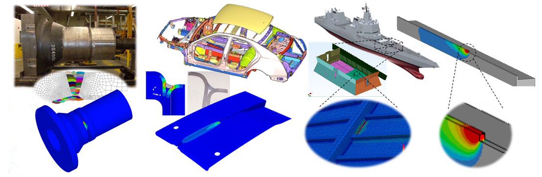 Collage of finite element analysis simulations showing weld defects in industrial components, automotive parts, and naval structures.