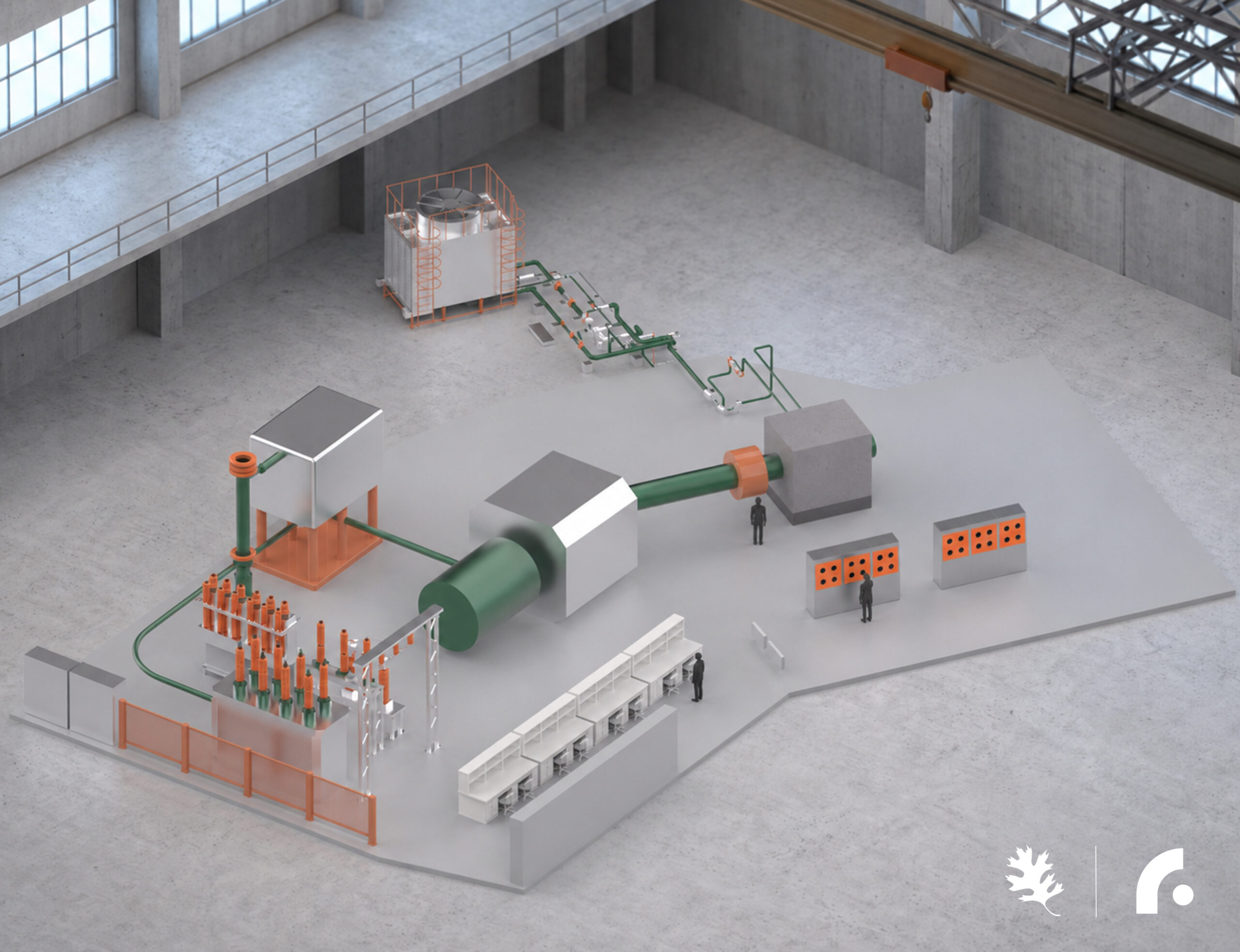 3D rendering of an industrial research facility with large machinery, piping, control stations, and cooling equipment.